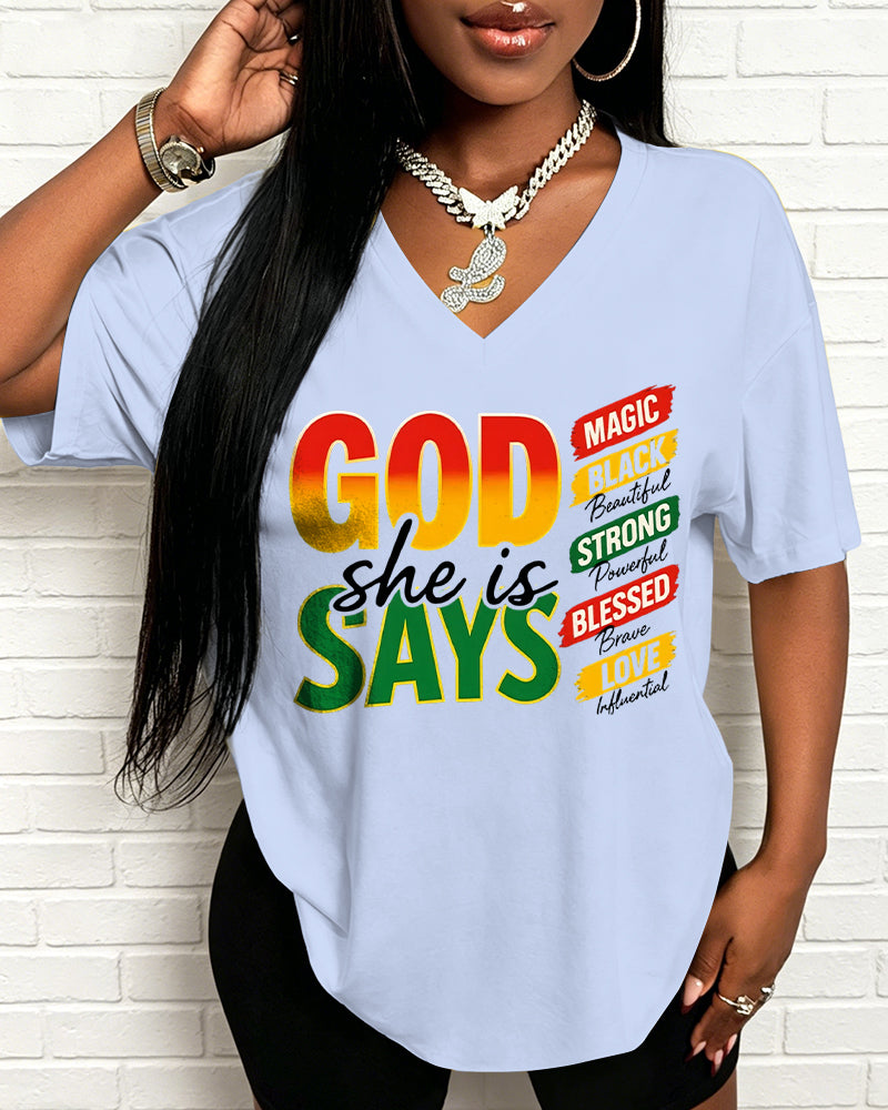 100% Cotton Juneteenth God Says She Is V Neck Short Sleeve Tshirt