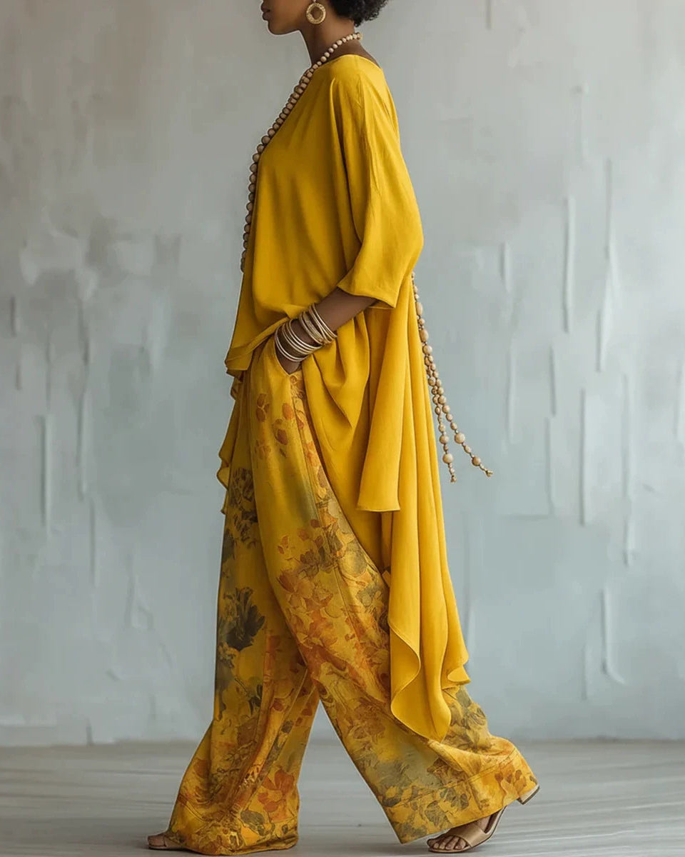 Irregular Long-sleeved Top and Wide-leg Pants Two-piece Set
