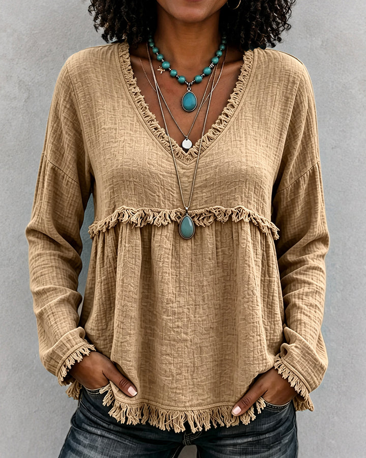 Boho Fringe V‑Neck Long Sleeve Crinkle Blouse