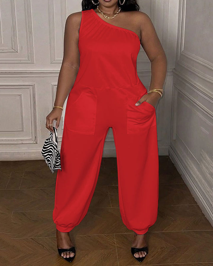 Sleeveless Pockets Solid Color One-Shoulder Jumpsuits