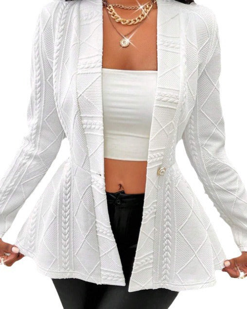 Women's Textured Jacquard V Neck Single Button Peplum Blazer