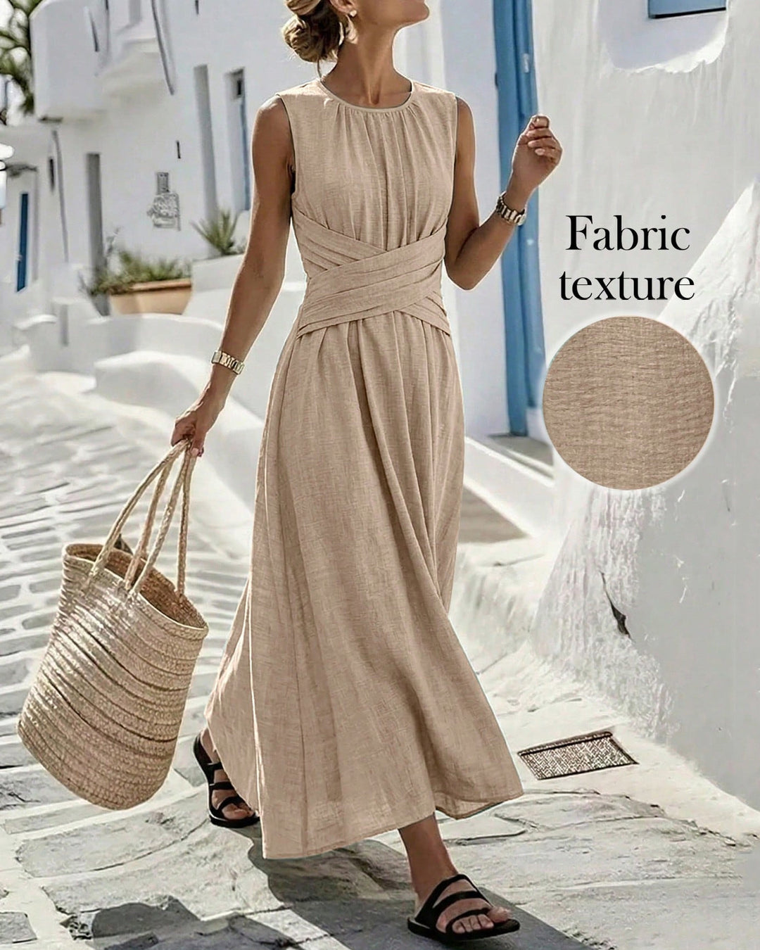 Round Neck Cotton Linen Twist Waist Cross Sleeveless Maxi Dress