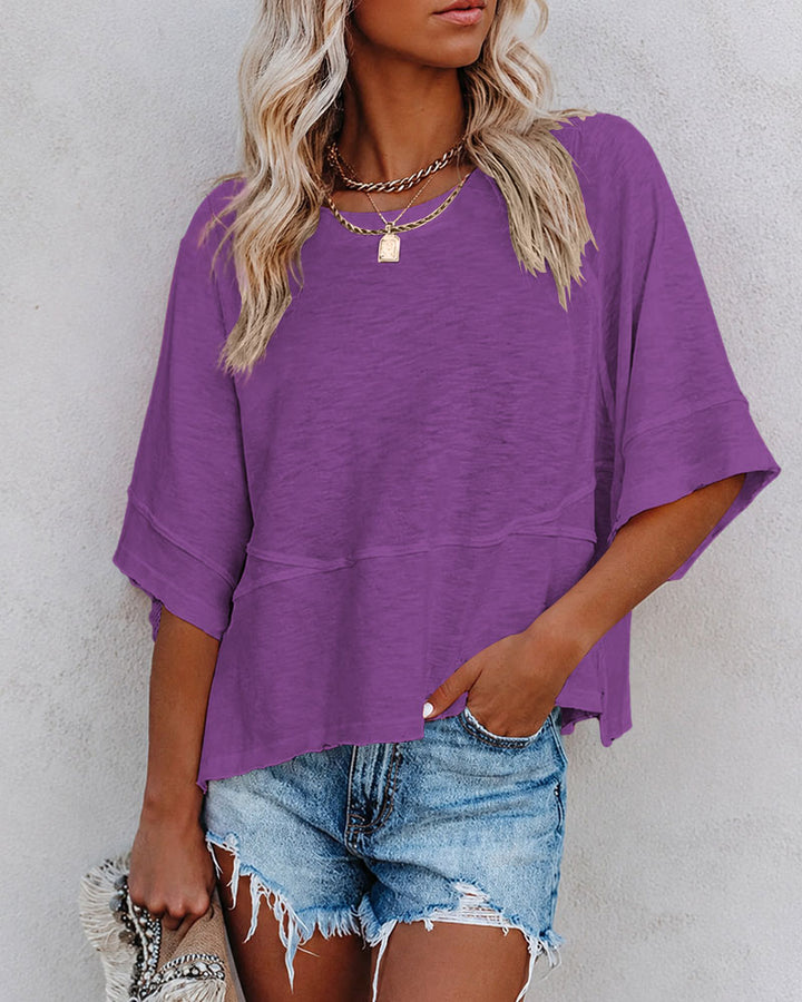 Panel Solid Color Flared Sleeve T-Shirt