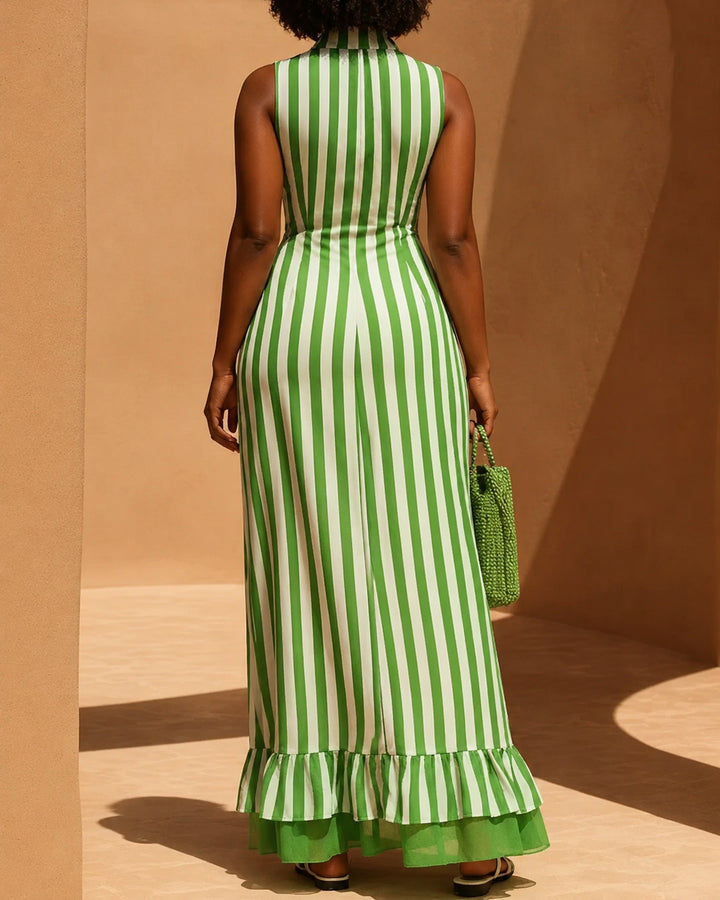 Zipper Striped Split-Joint Ruffled Pockets Contrast Color Sleeveless Loose Stand Collar Maxi Dresses