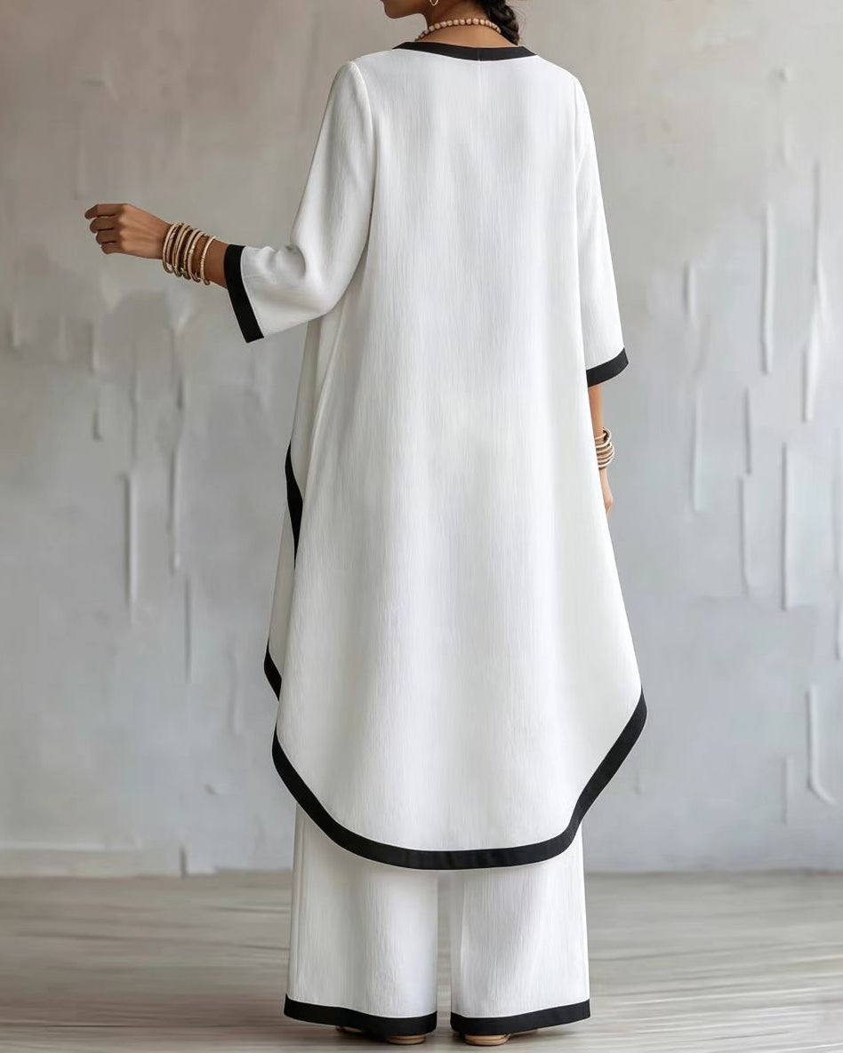 Loose Round-neck High-low Asymmetric Blouses&shirts Tops + Pockets Pants Trousers Two Pieces Set