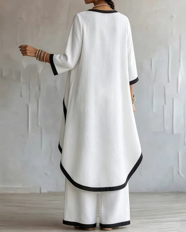 Loose Round-neck High-low Asymmetric Blouses&shirts Tops + Pockets Pants Trousers Two Pieces Set