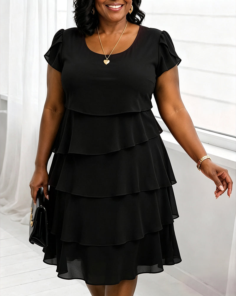 Round Neck Short Sleeves Elegant Layered Ruffle Dress