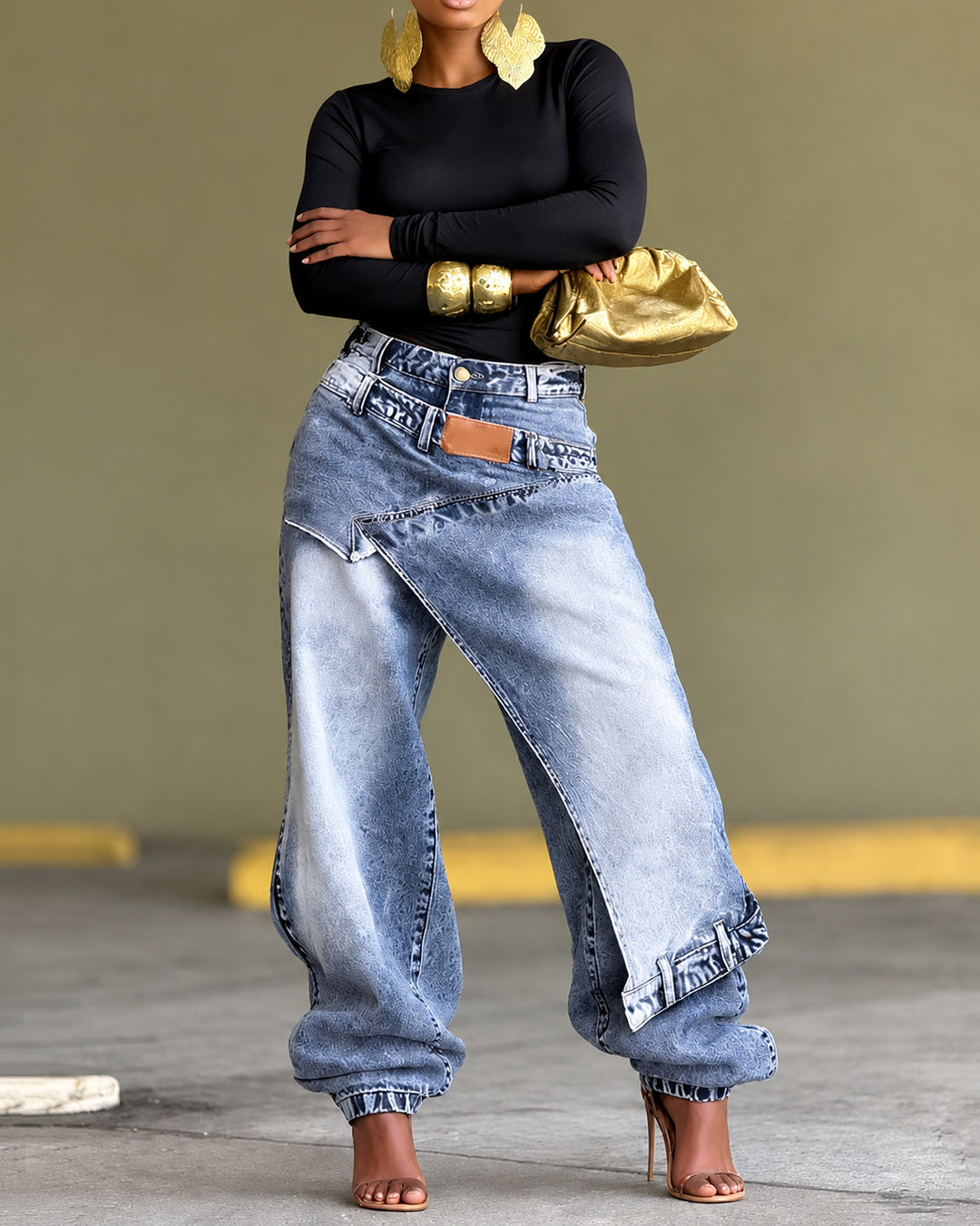 Women's Asymmetrical Wrap Layered Baggy Jeans