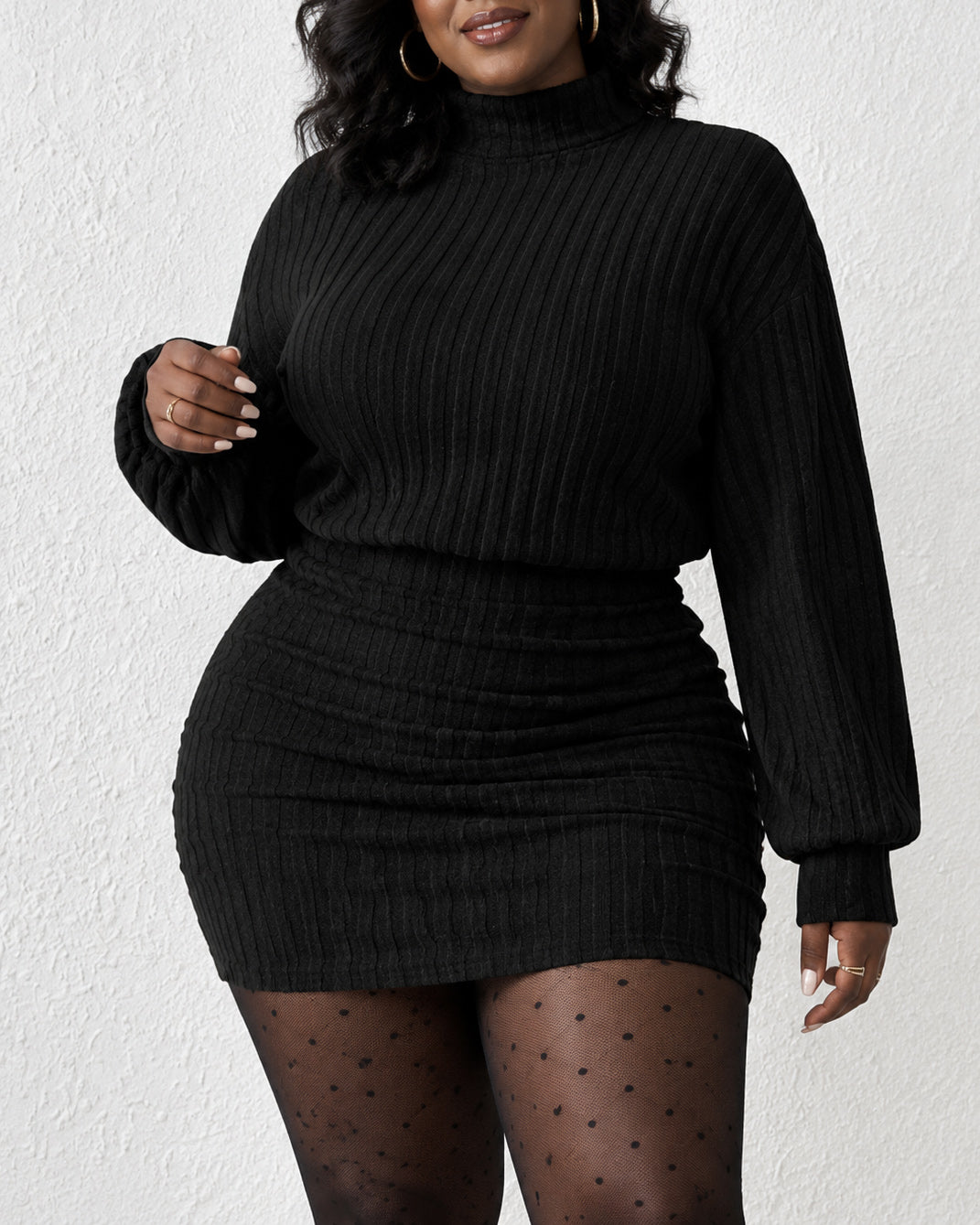 Women's Turtleneck Ribbed Knit Long Sleeve Ruched Mini Dress