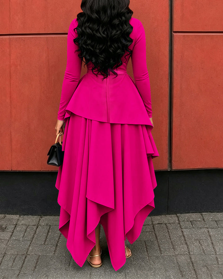 Elegant Long Sleeve Round Neck Layered Irregular Hem Maxi Dress