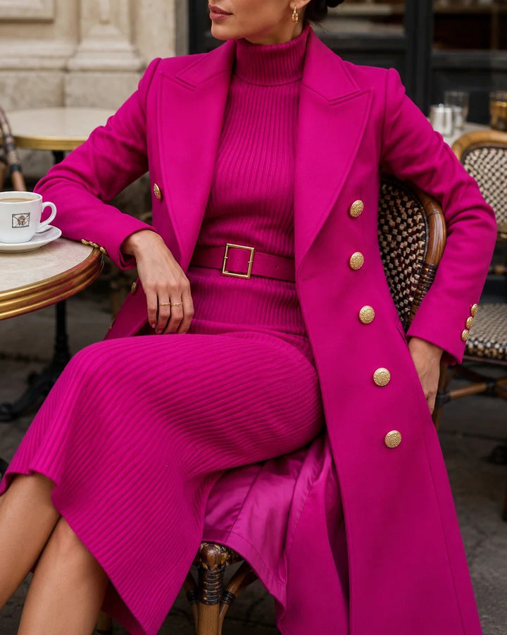 Women's Two-piece Set Double Breasted Wool Blend Maxi Coat+High-neck Knit Dress