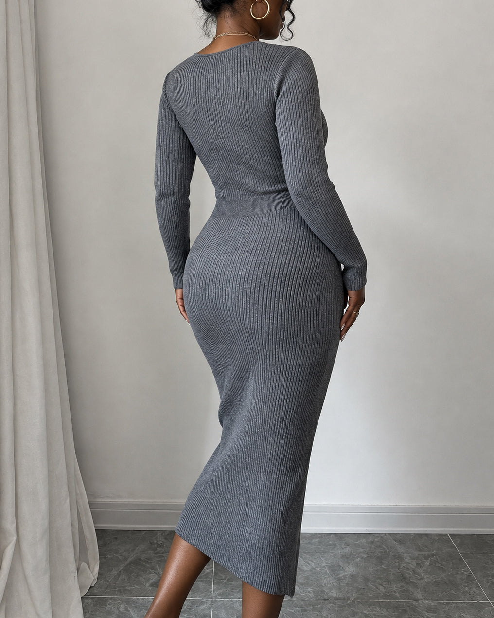Women Wrap V Neck Ribbed Knit Midi Dress