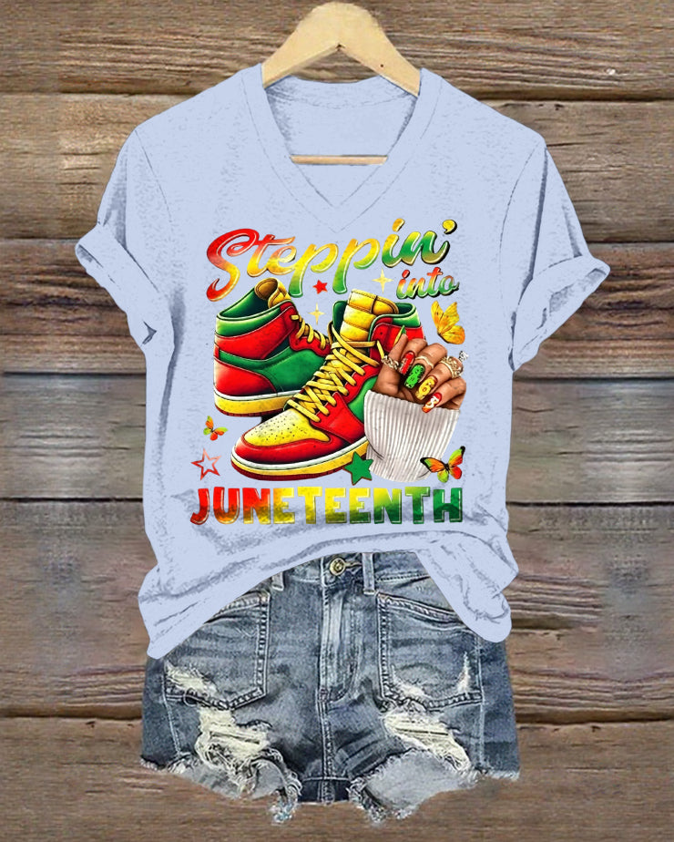 100% Cotton Steppin' Into Juneteenth V Neck Short Sleeve Tshirt