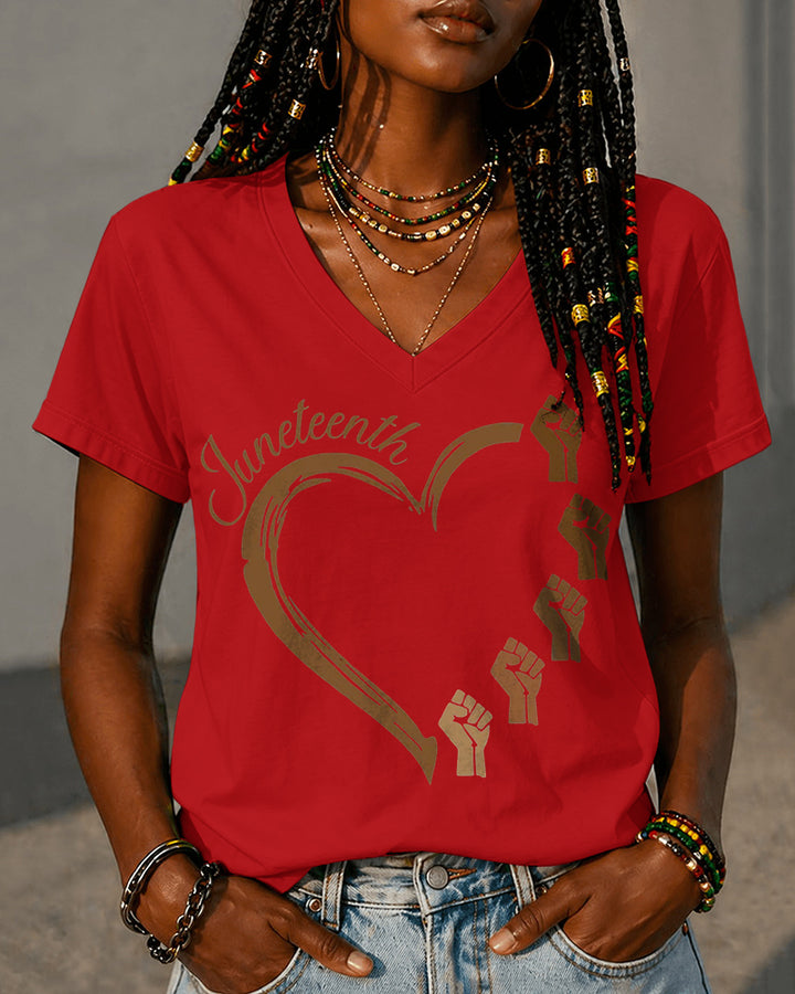100% Cotton Juneteenth Heart 1865 Emancipation V Neck Short Sleeve Tshirt