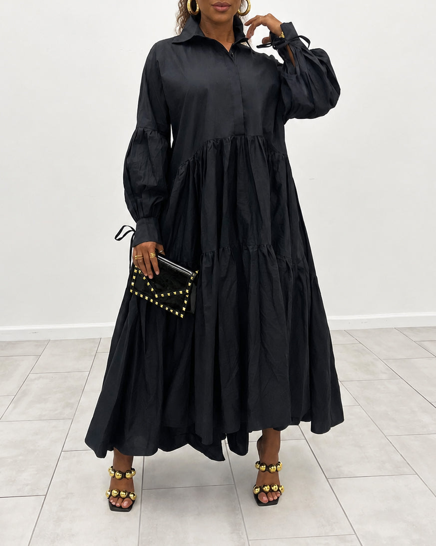 Collared Balloon Sleeve Tiered Ruffle Flowy Maxi Shirt Dress