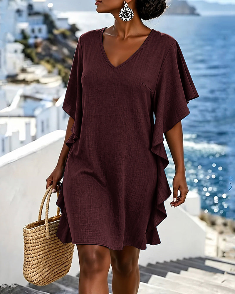 Women's Solid Color V-neck Short-sleeve Casual Loose Cotton-linen Dress