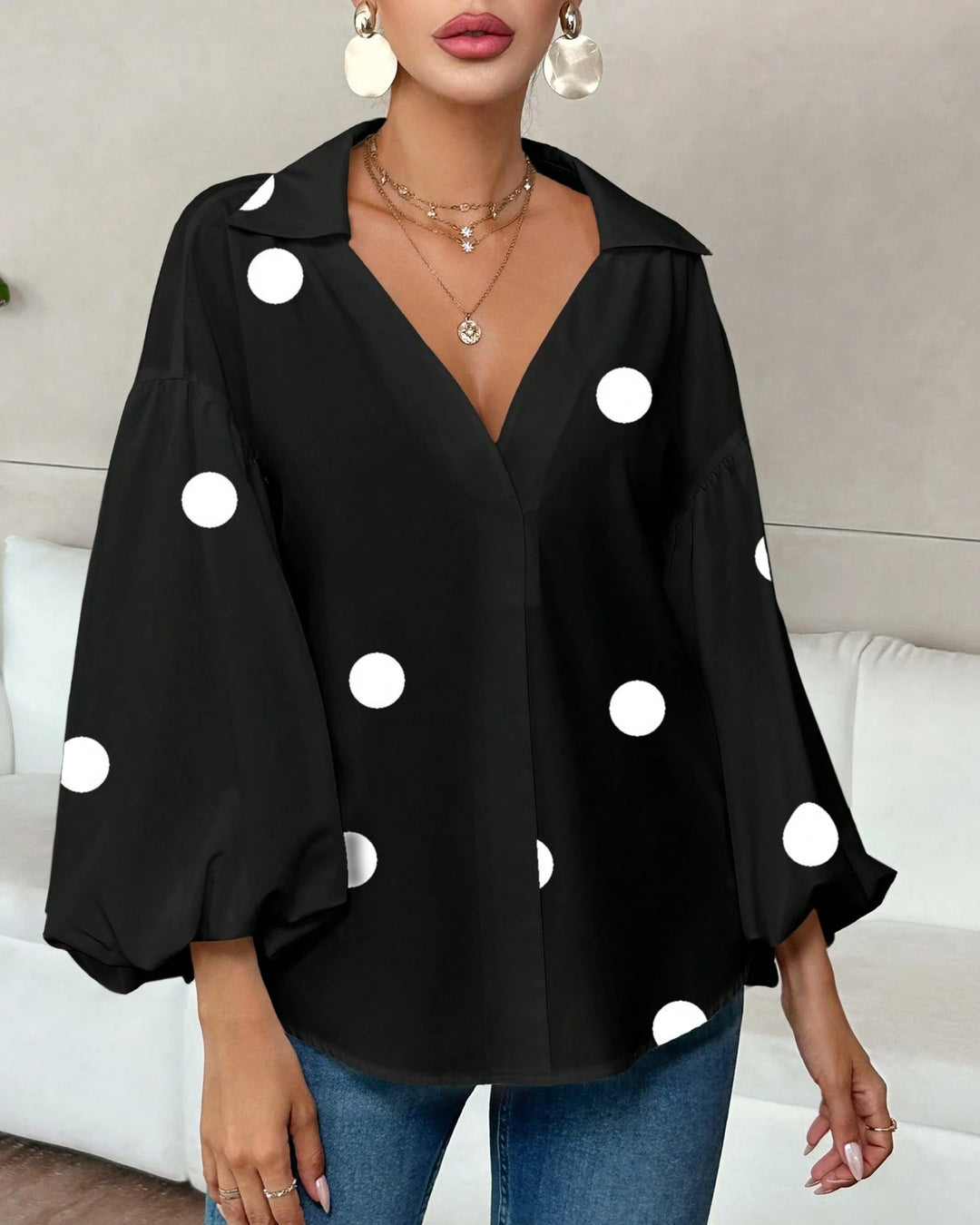 Collared V‑Neck Balloon Long Sleeve Blouse