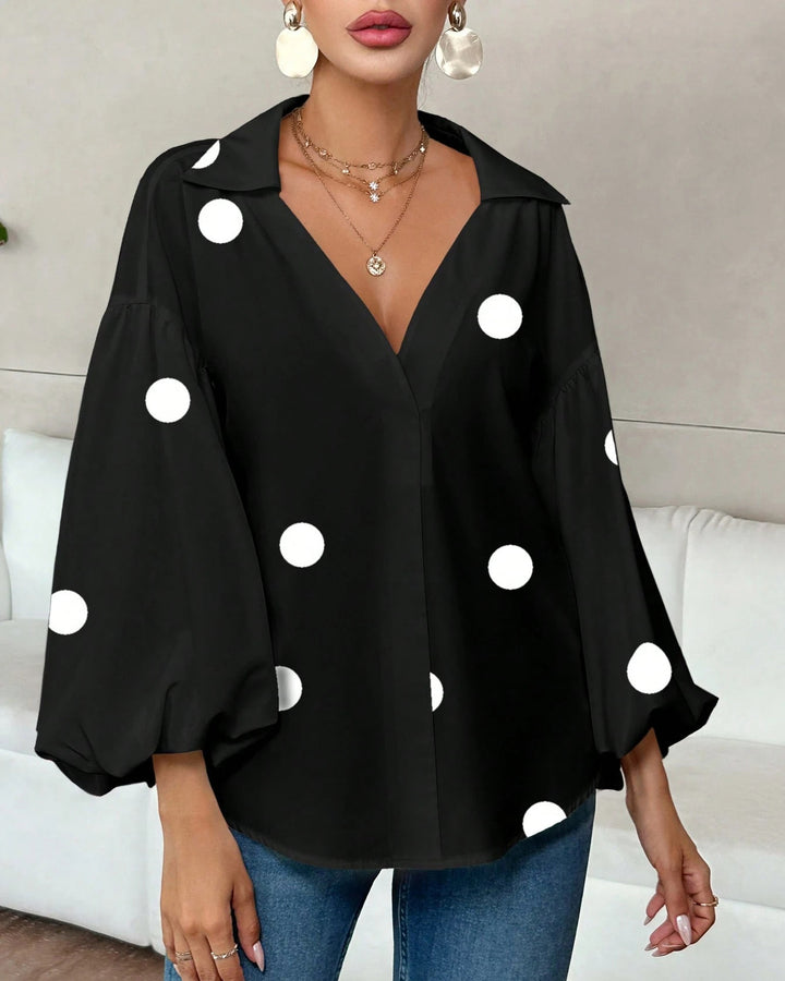 Collared V‑Neck Balloon Long Sleeve Blouse