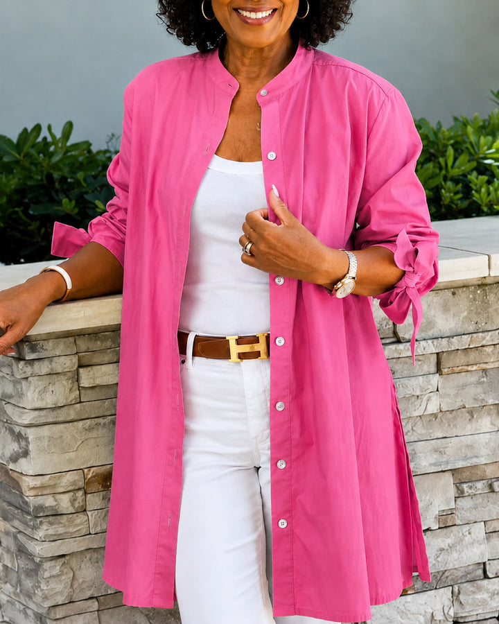Solid Color Cotton Linen Collared Long Shirt