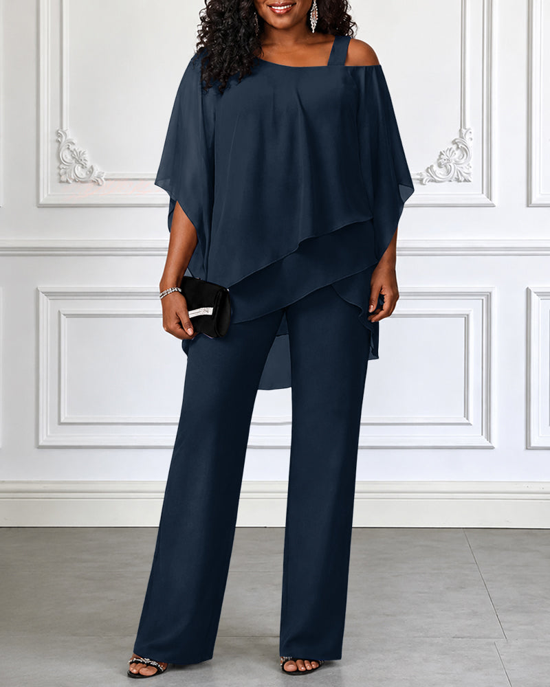 Asymmetric Off-Shoulder Chiffon Top & Trouser Set