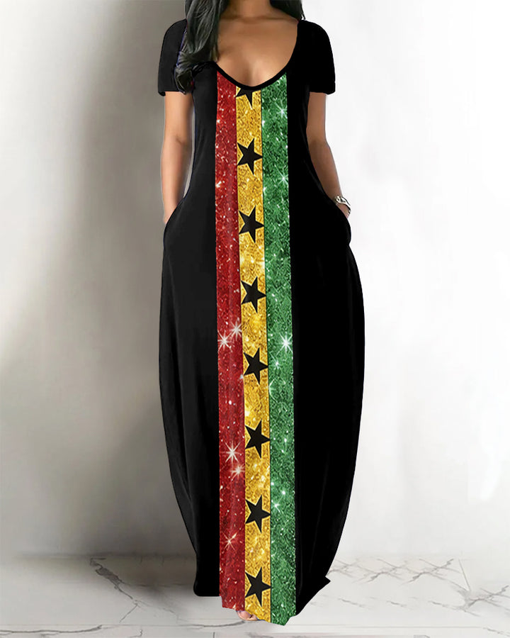 V-neck Reggae Striped Stars Pocket Short Sleeved Maxi Dress