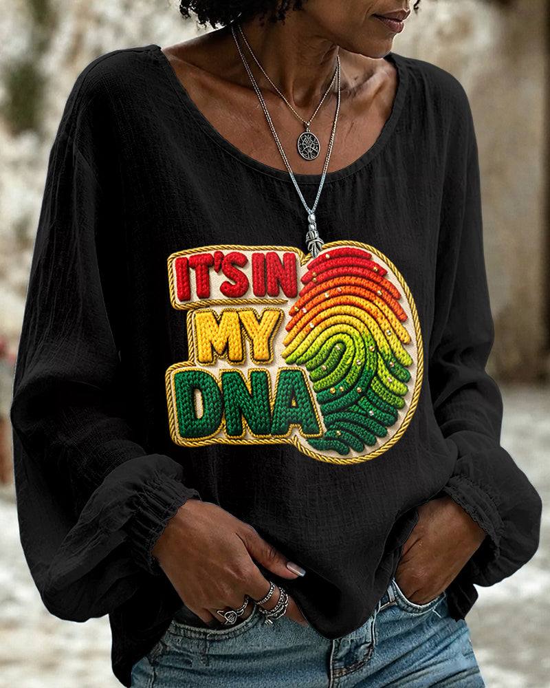 It's In My DNA  Print Round Neck Puff Sleeves Blouse