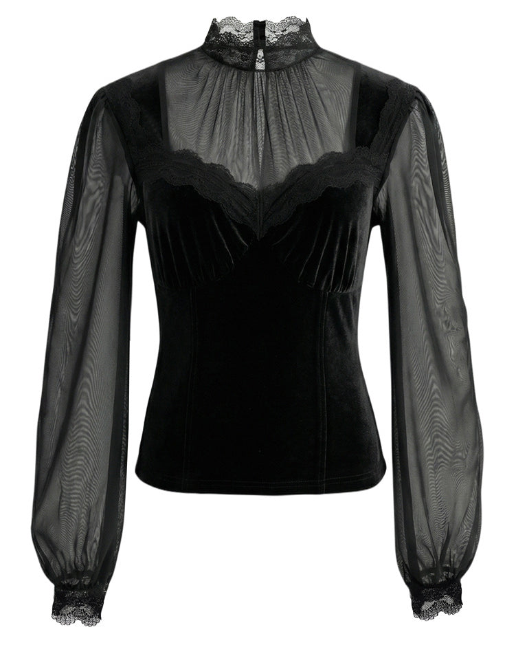 Mesh Lace Spliced Flared Sleeve Waist-Cinched Top
