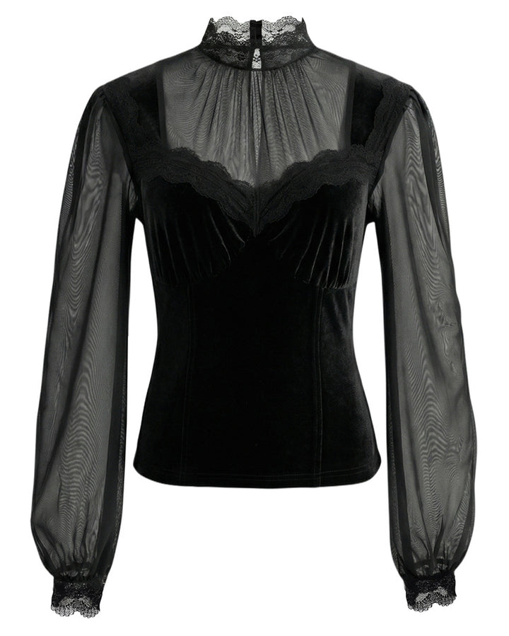 Mesh Lace Spliced Flared Sleeve Waist-Cinched Top