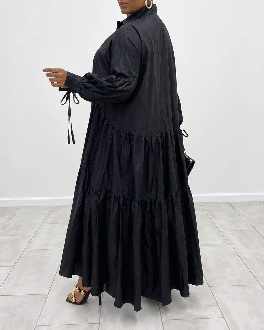 Collared Balloon Sleeve Tiered Ruffle Flowy Maxi Shirt Dress