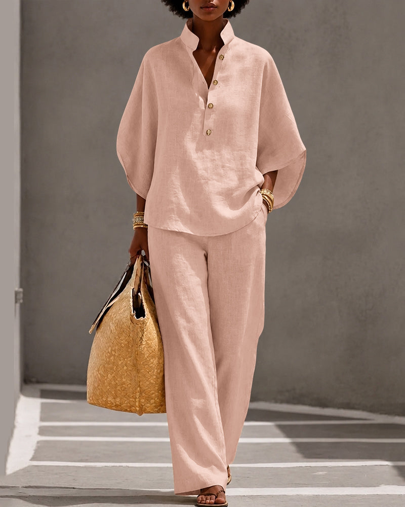 Linen Blend Solid Color Button-down Loose Top and Elastic Waist Pocket Casual Pants Set