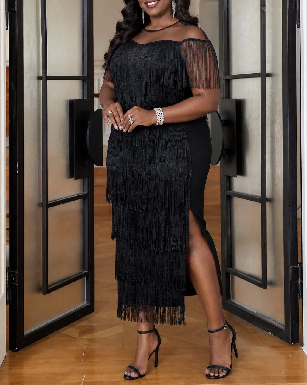 Plus Size Women Mesh Neck Tiered Fringe Midi Dress