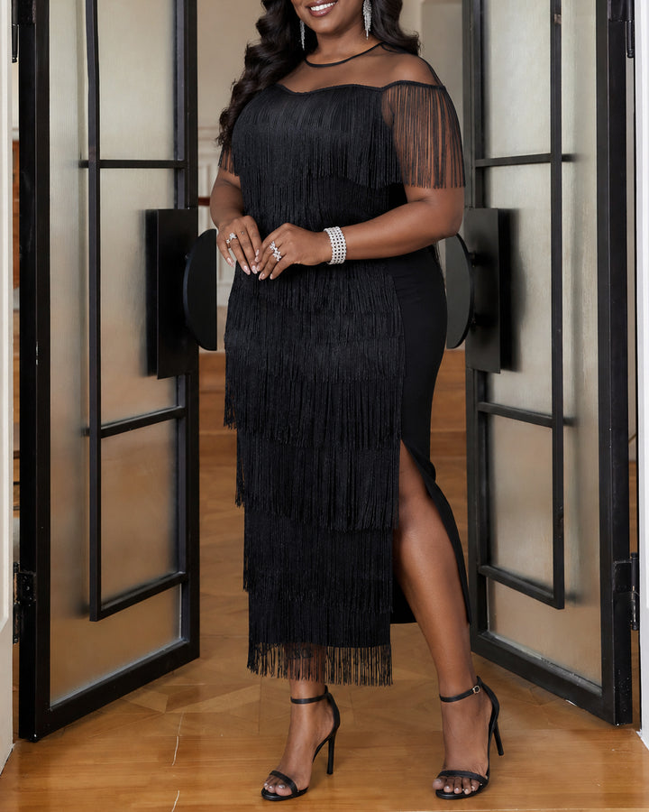 Plus Size Women Mesh Neck Tiered Fringe Midi Dress