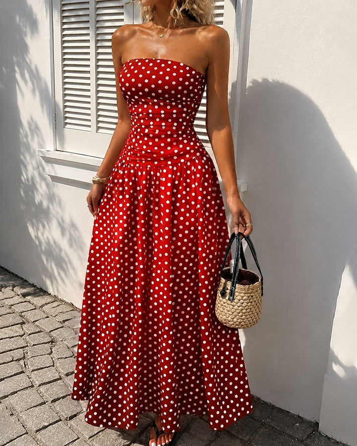 Women's Polka Dot Strapless Maxi Dress Sleeveless A Line Flared Knitted Fabric Casual Dress
