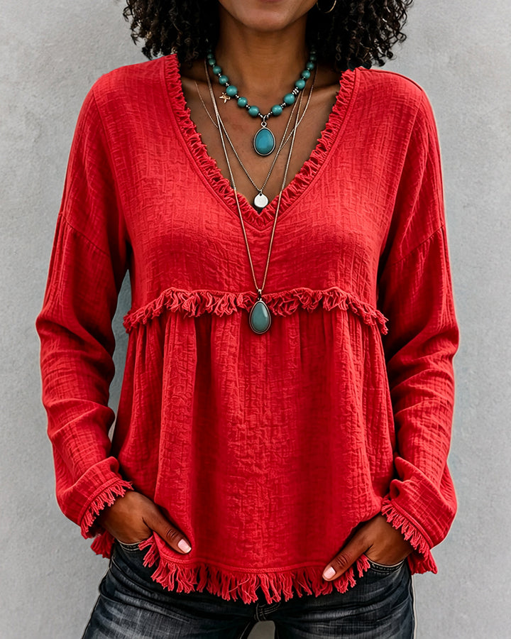Boho Fringe V‑Neck Long Sleeve Crinkle Blouse