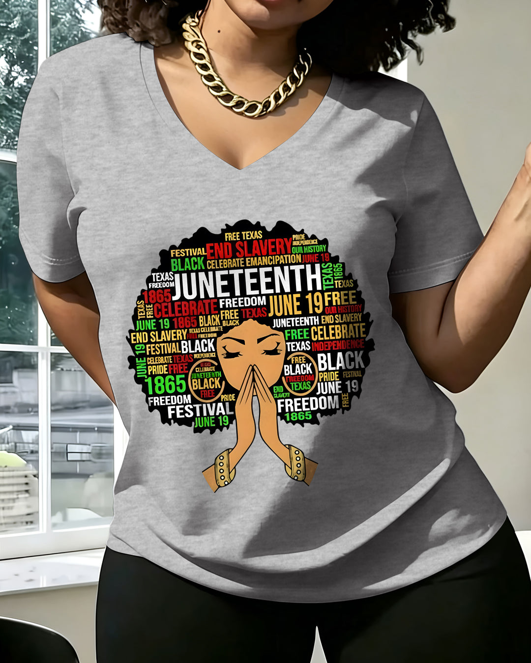 100% Cotton Juneteenth Cartoon Afro Girl V Neck Short Sleeve Tshirt