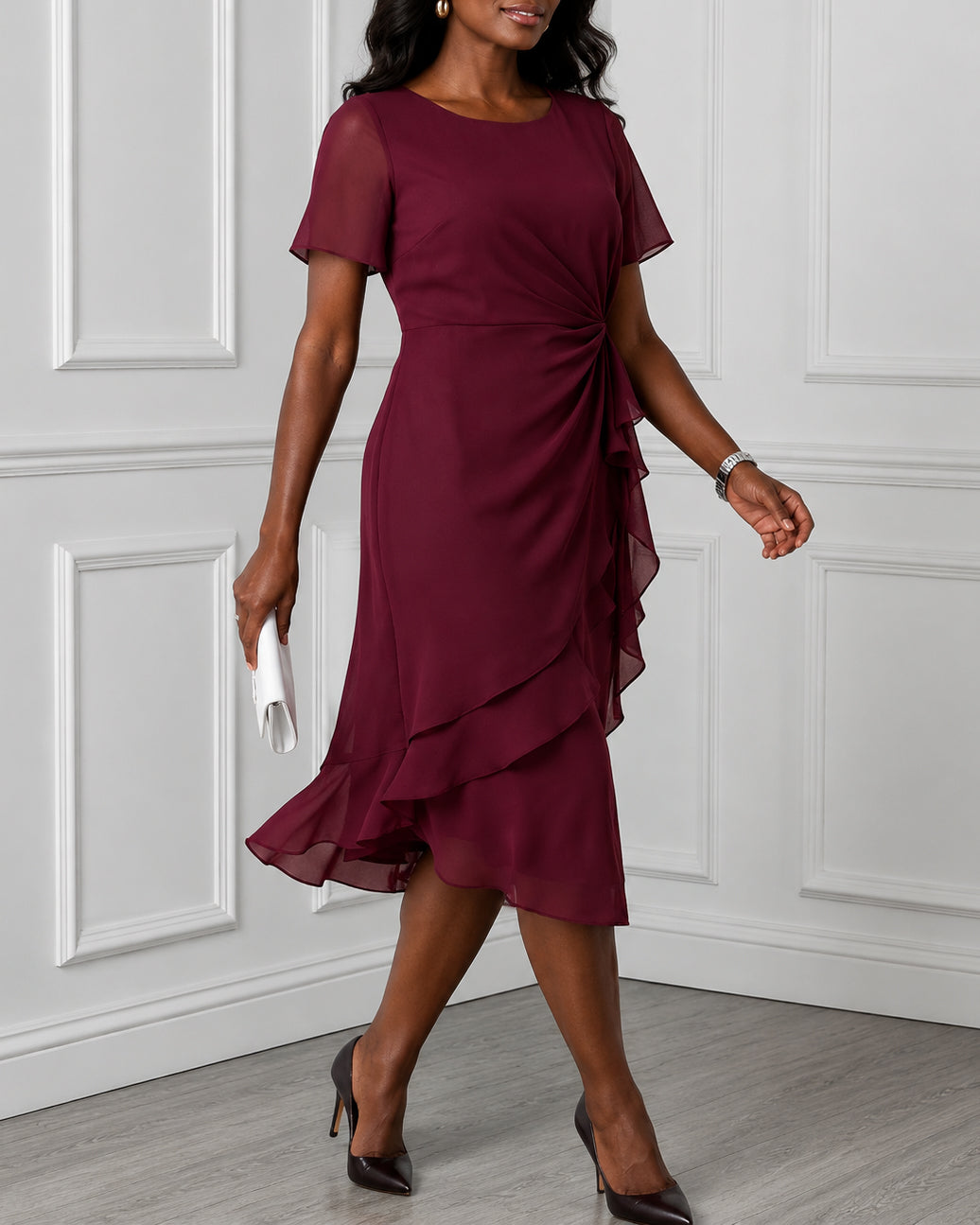 Spliced chiffon Short-Sleeve Fitted-Waist Solid Midi Dress