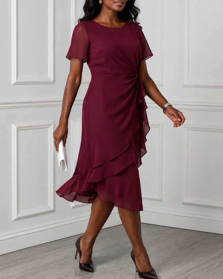 Spliced chiffon Short-Sleeve Fitted-Waist Solid Midi Dress