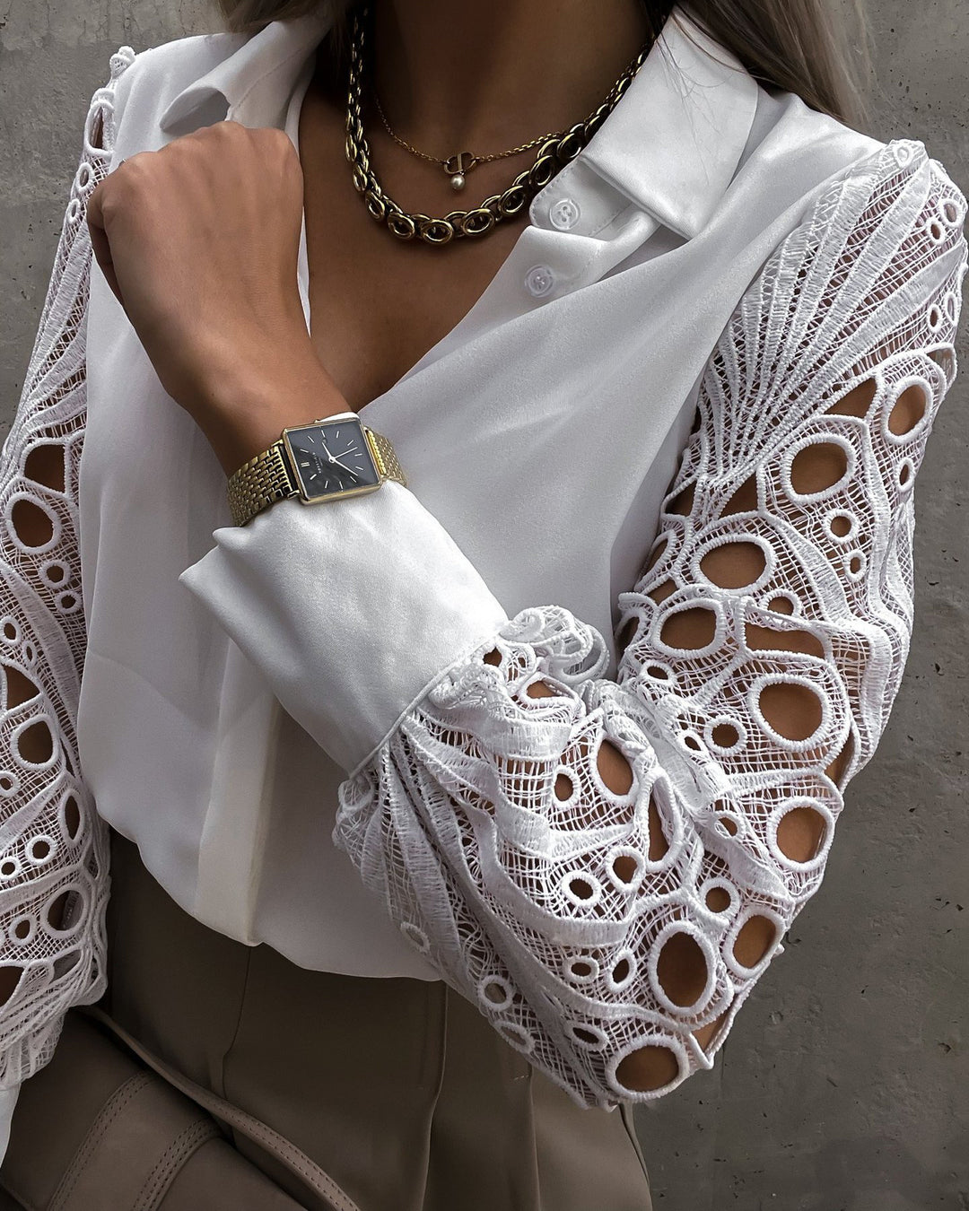 Women's Lace Panel Sleeve Collared Casual Blouse Shirt
