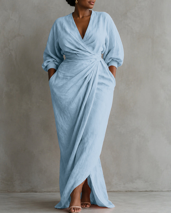 Linen Blend Loose V-neck Pleated Waist Casual Pocket Maxi Dress