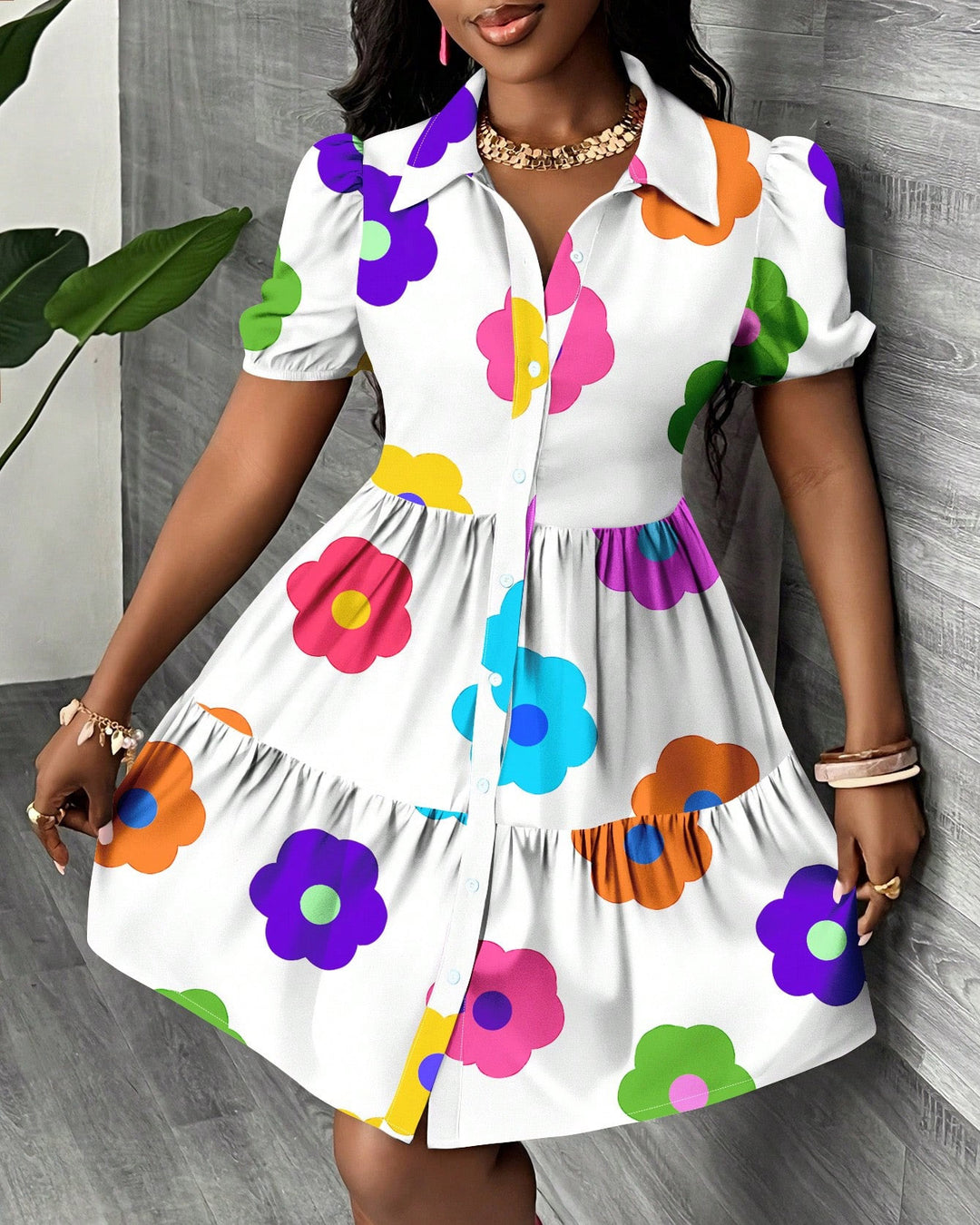 Summer Colorful Flowers Print Ruffle Lantern Sleeve Loose Dress