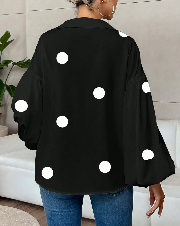 Collared V‑Neck Balloon Long Sleeve Blouse
