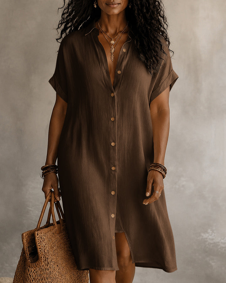 Lapel Short-sleeved Solid Color Button Midi Dress