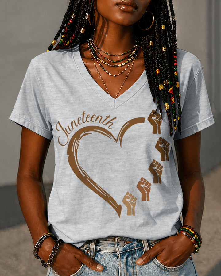 100% Cotton Juneteenth Heart 1865 Emancipation V Neck Short Sleeve Tshirt