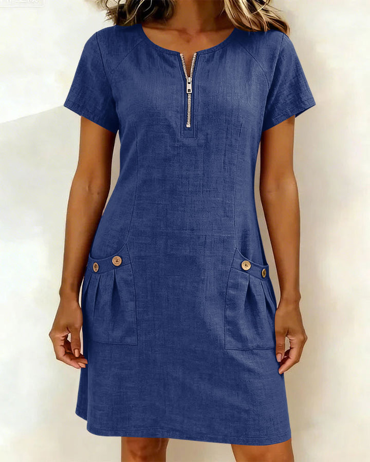 Zipper Pocket Cotton Linen Dress