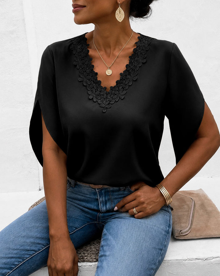 Lace-trimmed V-neck Bell Sleeve Blouse
