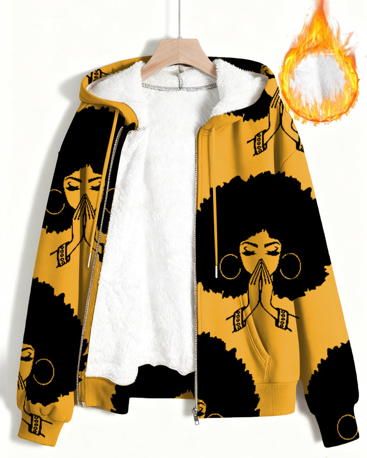 Pray Black Woman Long Sleeve Zip-Up Fleece Hoodies