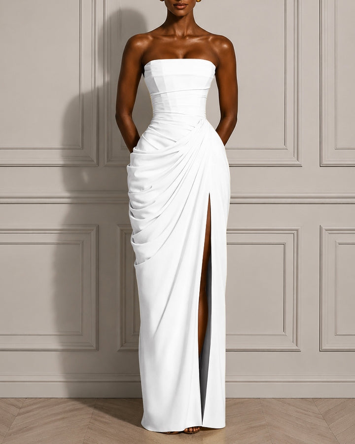 Back Lace-up Asymmetrical Pleats Strapless Slit Maxi Dress