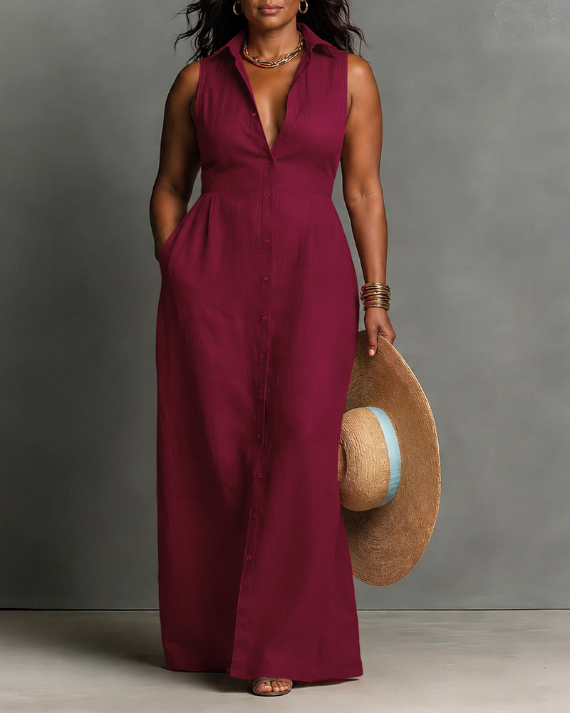 Collared Button-front Sleeveless Full Maxi Dress