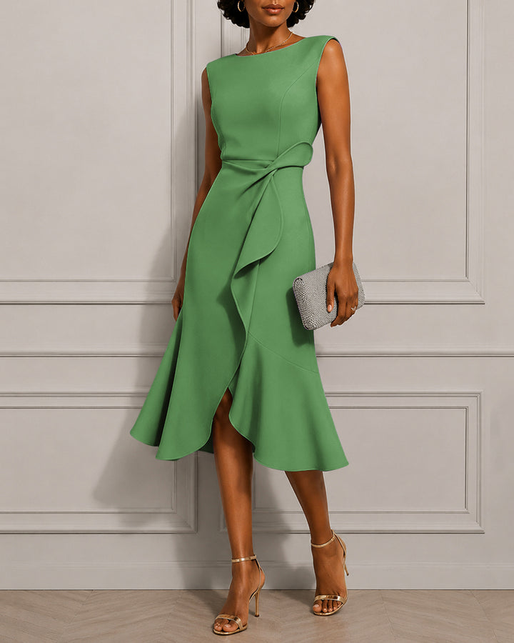 Round Neck Waist Knot Ruffle Hem Formal Dress