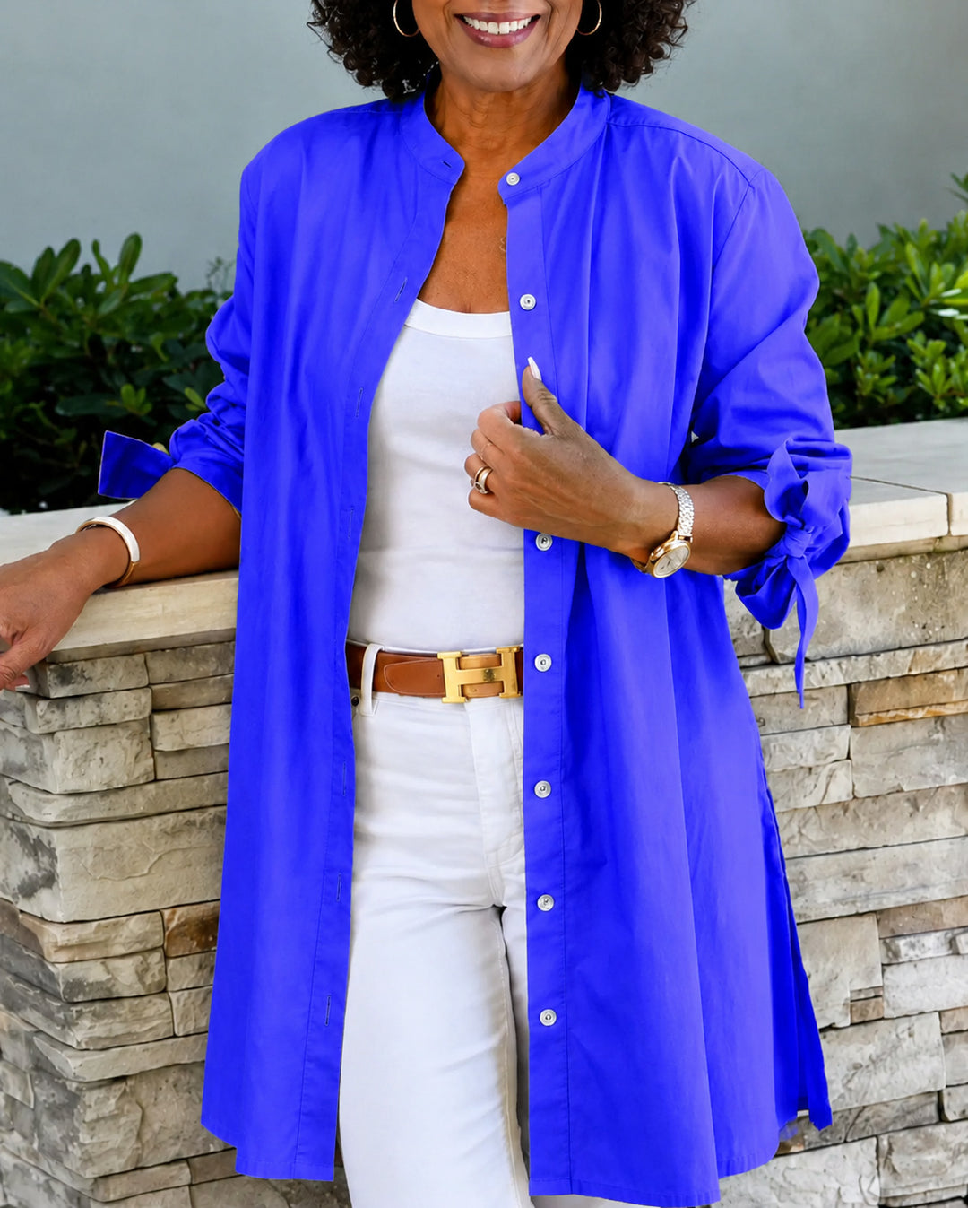 Solid Color Cotton Linen Collared Long Shirt